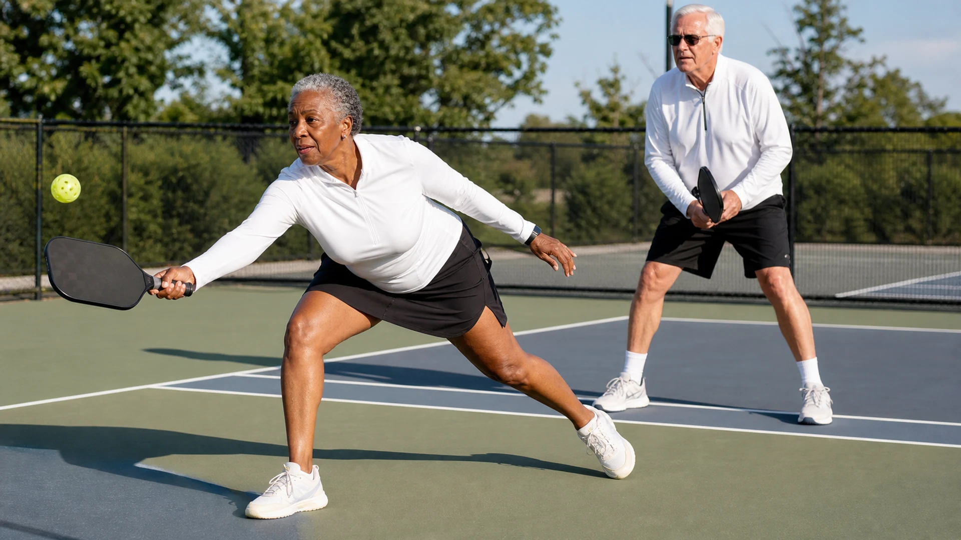 An active couple in their seventies plays pickleball with confidence.