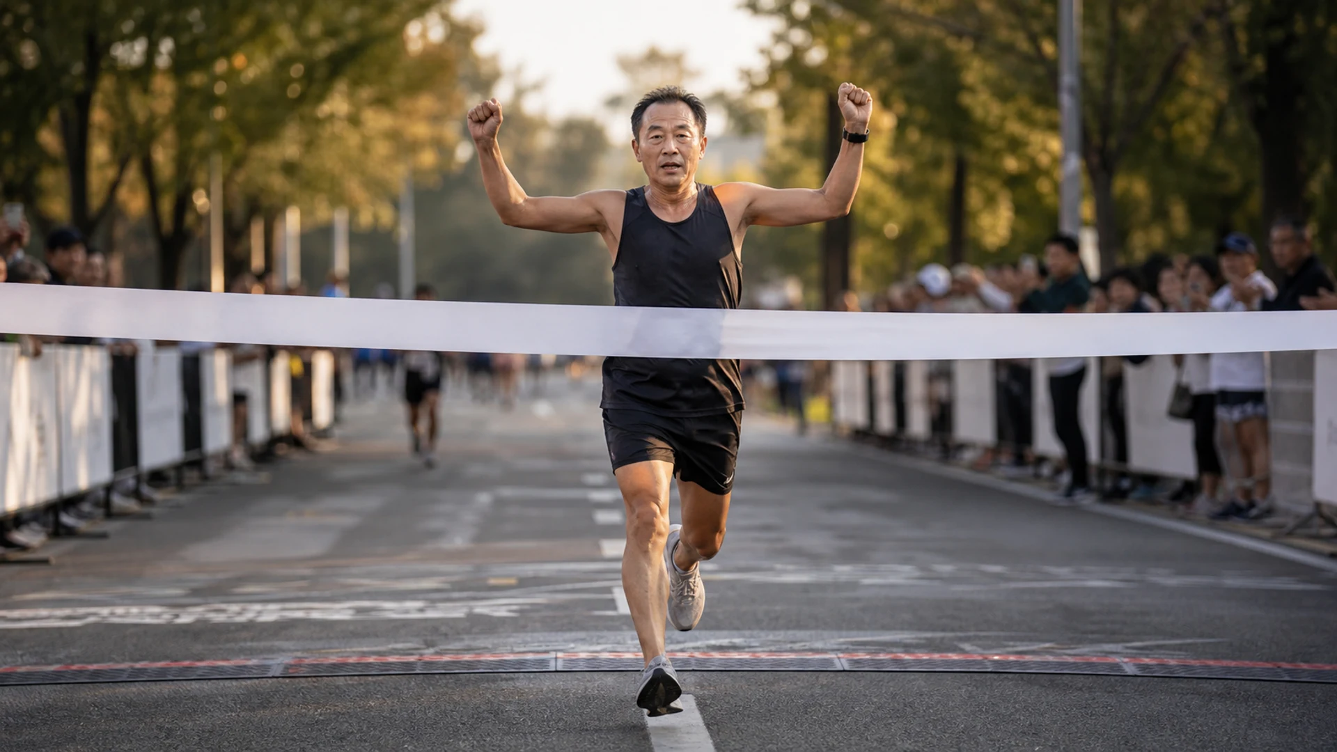 A middle-aged weekend athlete crosses a road-race finish line with confidence.