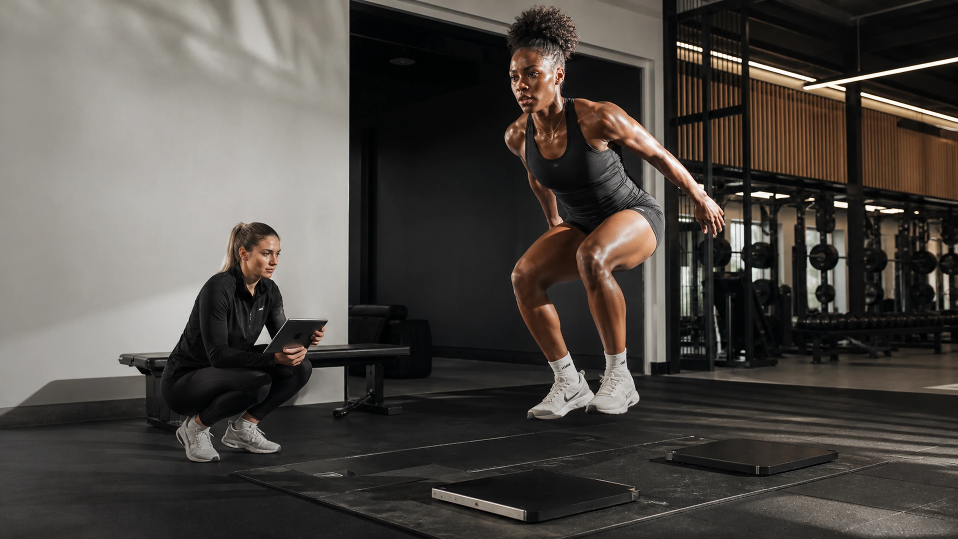 A collegiate athlete completes a force-plate jump while a Performance Lab Guide observes.
